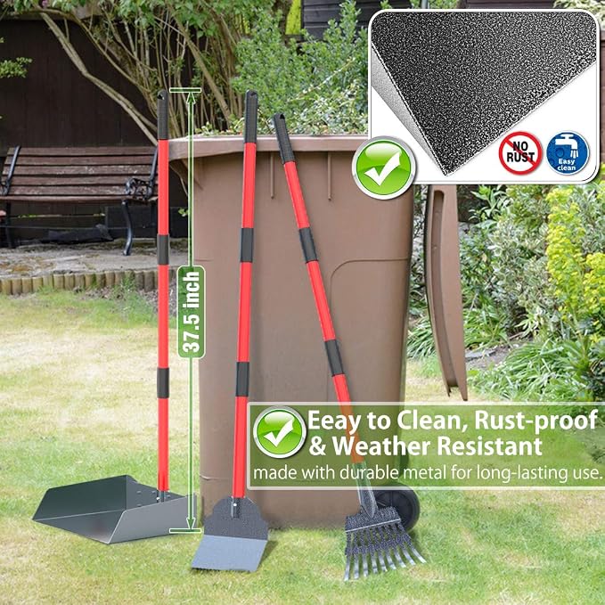 Larger Heavy Duty Pooper Scooper for Dogs-Rake, Spade,Tray Set with Long Handle,No Bend Down Easy Cleanup,Great for Yard Grass Gravel Dirt,Use for Large Small and Multi Dogs