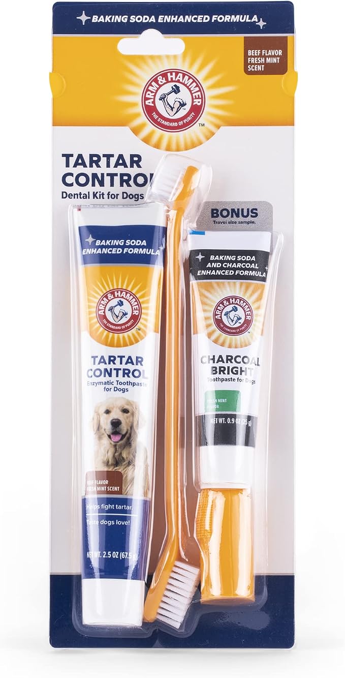 Arm & Hammer Tartar Control Dental Kit for Dogs, with Bonus Charcoal Bright 0.84oz Sample Tube - Dog Toothbrush Dental Kit from Arm & Hammer - 4 Piece Dog Toothbrush Kit, 2.5 Ounce