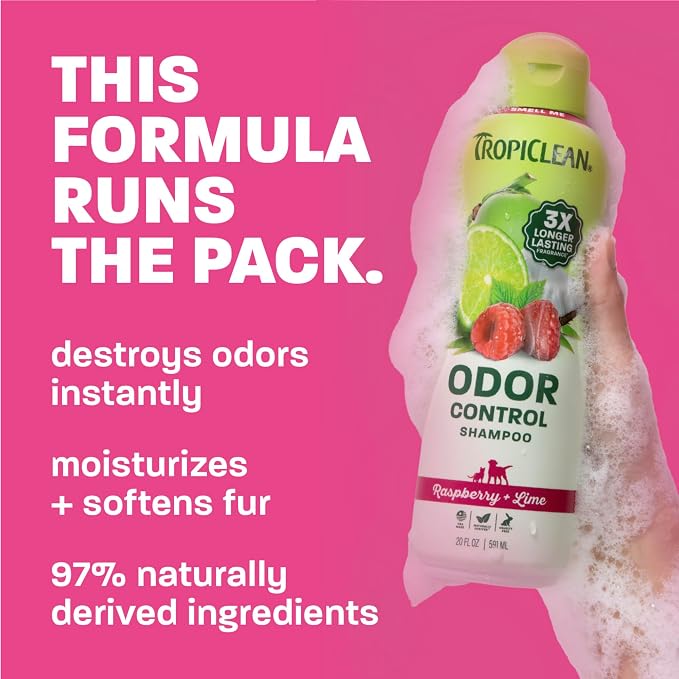 TropiClean Deodorizing Dog Shampoo, Raspberry Lime Scent, 20oz | Powerful Odor Control | Long-Lasting Raspberry Lime Scent | Puppy & Cat Safe | Made in USA