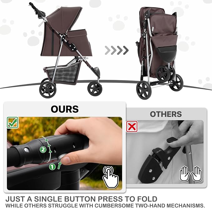 MoNiBloom Foldable Pet Stroller - Coffee, up to 33lbs