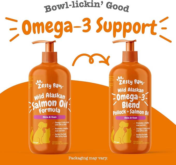 Zesty Paws Wild Alaskan Omega-3 Blend Pollock + Salmon Oil for Dogs and Cats- Skin and Coat Support, Omega 3 Supplement for Pets, 32oz (Pack of 2)