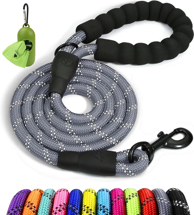Taglory Rope Dog Leash for Small Medium Dogs, 4 FT Padded Handle, Grey | Made of Climbing Rope, Reflective for Night Walks and Training, Comfortable Grip, Anti-tangle Swivel Clip, 3/8 inch