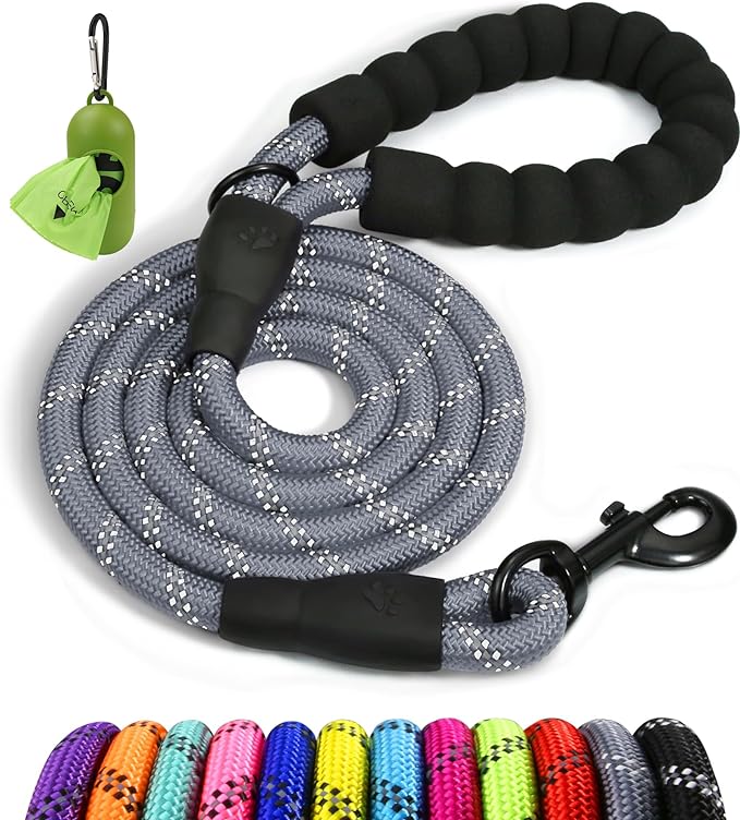 Taglory Rope Dog Leash for Small Medium Dogs, 6 FT Padded Handle, Grey | Made of Climbing Rope, Reflective for Night Walks and Training, Comfortable Grip, Anti-tangle Swivel Clip, 3/8 inch
