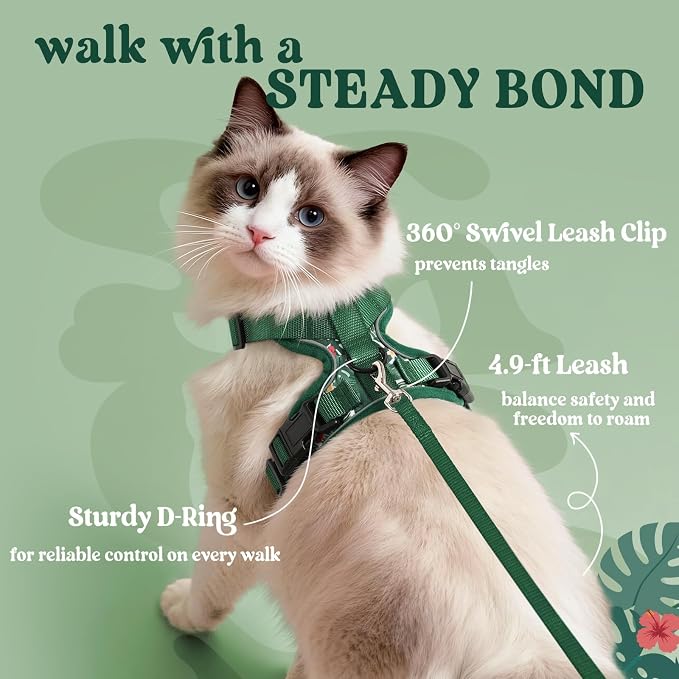 rabbitgoo Cat Harness and Leash Set, Escape Proof Vest, Rainforest Green | Soft Breathable Mesh, Easy Adjustable Fit, Snap Buckles, Sturdy Clip, Reflective Strips, for Small & Average Cats Walks, Xs
