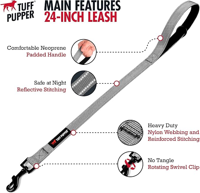 Tuff Pupper Short Dog Leash for Training | 24 Inch | Perfect for Service Dog Harness & Traffic Leash Handle w/Padding | Steel Gray