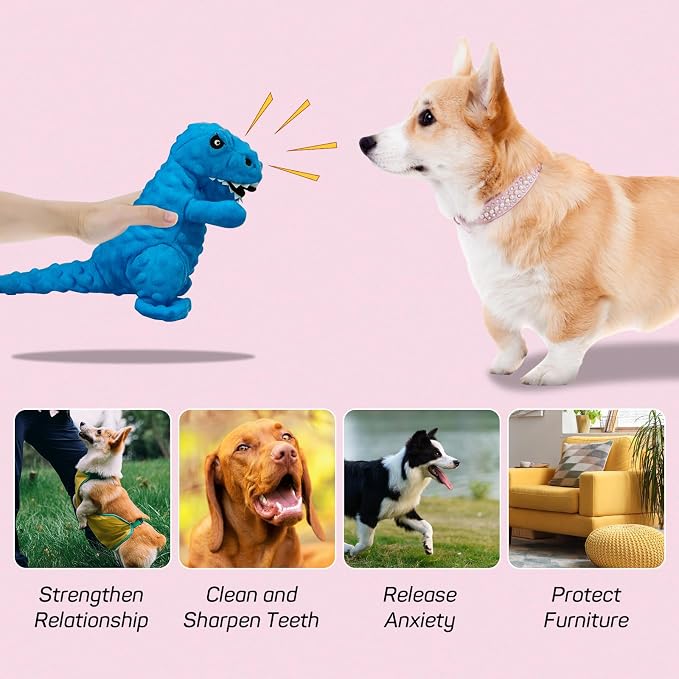 Andiker Dog Squeaky Toys, 8.66 in Plush Dogs Toy Soft Dogs Chew Toys in Dinosaur Shape for Chewing Biting Stuffed Dog Toys with a 3.93 in Squeaker and Crinkle Paper for All Puppy (Blue)