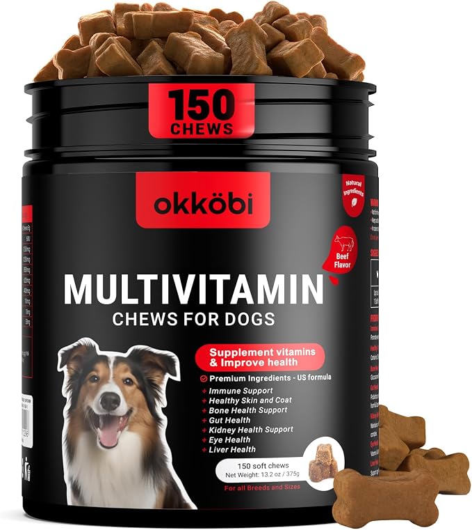 Dog Vitamins and Supplements - 150 Dog Multivitamin Chewable - Immune, Joint Support, Skin, Gut Health + Packed with Omega 3s, Glucosamine & Probiotics - Safe for Puppy - Beef