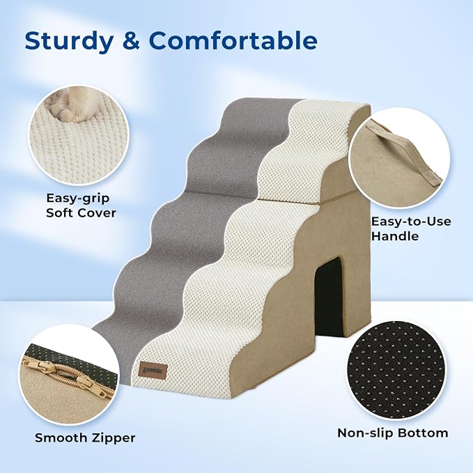 ZOMISIA Dog Steps for High Beds - 6 Step 29" H Pet Stairs with Tunnel 2 in 1 with Zippers Suitable for Large Dogs and Cats, Indoor Cat Ladders with Non-Slip Bottom, Beige