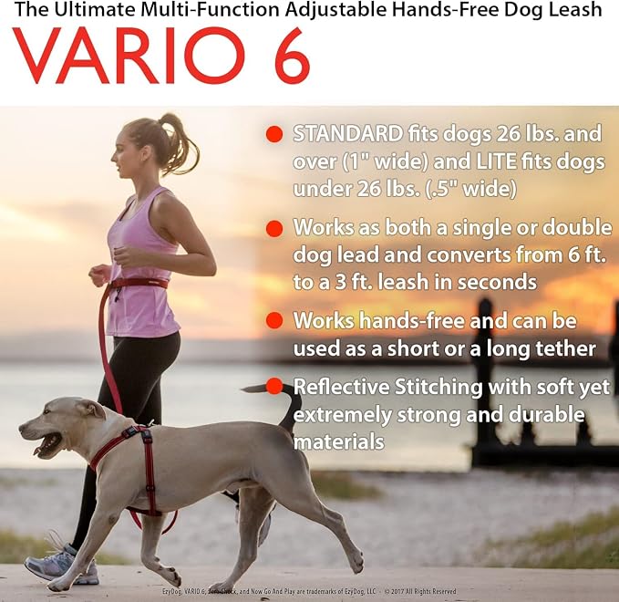 EzyDog Vario 6 Multi-Function Dog Leash - Standard, Red | Use as a 6.5 ft, 5.5 ft, or 4ft Leash, Use Hands Free, As a Short or Long Tether, or Double Leash, 1" Wide, Dogs Over 26 lbs