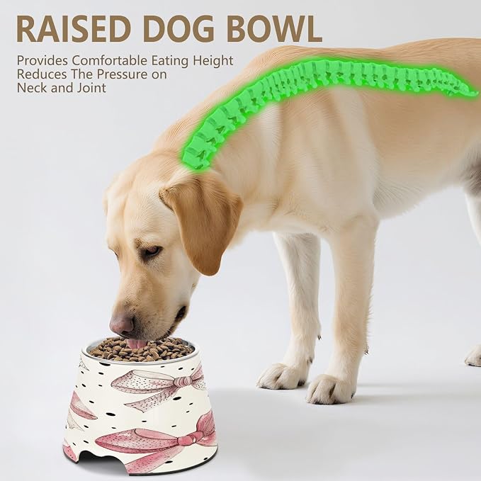 YETTASBIN Bow Pink Elevated Dog Bowls, Prevention of Vertebrae Disease Raised Dog & Cat Bowl Stand with Removable Stainless Steel Bowls, Non-Slip Spill-Proof Pet Food & Water Bowl Dish