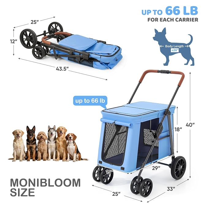 MoNiBloom Pet Stroller for Medium/Large Dogs - Blue, up to 66lbs