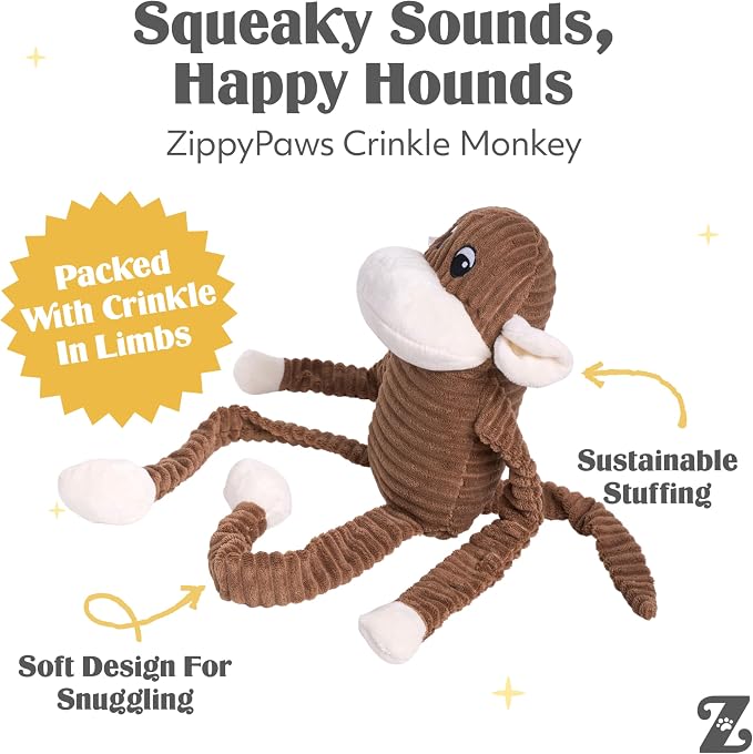 ZippyPaws Crinkle Monkey for Medium-Extra Large Dogs, Extra Large/Brown | Interactive Dog Toys to Keep Them Busy, Squeaky Plush Pet Toy for All Breeds, Contains 1 Squeaker