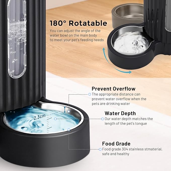ZOMISIA Gravity Cat Feeder and Water Dispenser with 304 Stainless Steel Bowls, 2 in 1 Automatic Cat Feeder with 180 Degree Rotatable Water Bowl, Large Capacity for Puppy Kitten Rabbits, Black