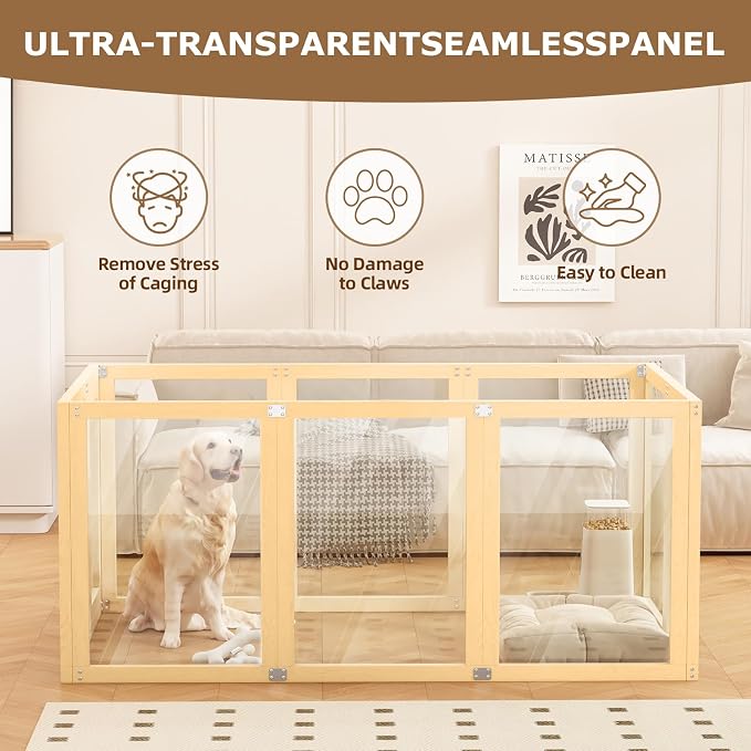 Clear Acrylic Dog Playpen Indoor with Solid Wood Frame, 10 Panels Clear Dog Playpen for Small Dogs, Easy Assembly Acrylic Pet Pen, Safe and Sturdy Play Area for Puppy Rabbit Indoor