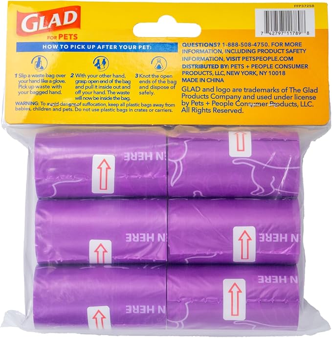 Glad for Pets Scented Dog Waste Bags, Tear-Resistant Pet Poop Pick-up Bags with Leak Protection, Fresh Lavender Scent, Fun Purple Bag Designs, 6 Rolls, 90 Bags Total