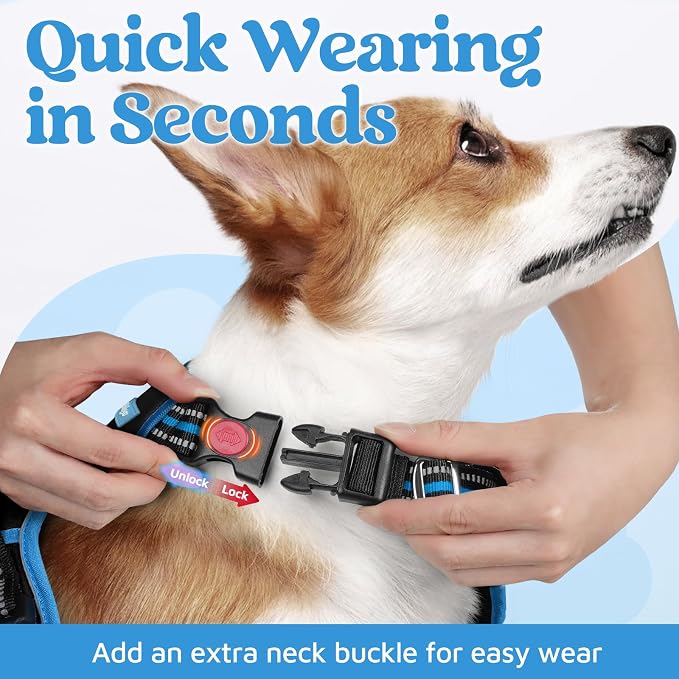 rabbitgoo Dog Harness for Large, No Pull 3 Buckles Easy On & Off | Soft Padded, Walking with Control Handle, Adjustable and Reflective, Black & Blue, X-Large