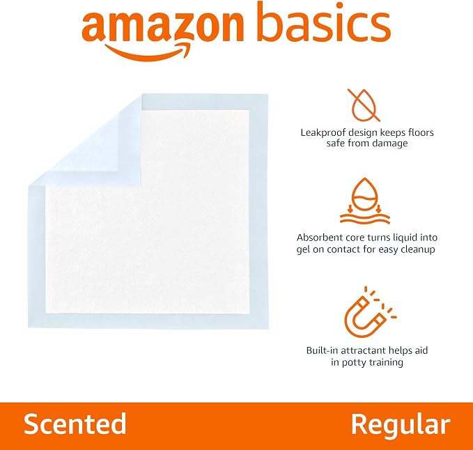 Amazon Basics Scented Dog and Puppy Potty Training Pee Pads, 5-Layer Leak-Proof Super Absorbent with Quick-Dry Surface, Regular Size 22 x 22 Inch, Blue & White, 50 Count