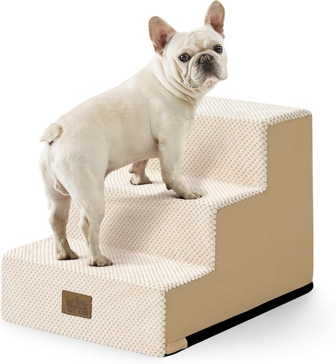 COZY KISS Dog Stairs for Small Dogs, 3 Step Pet Stairs for Beds & Couches | 13.5" H Non-Slip Dog Steps for Bed, Ideal for Puppies, Senior Cats, and Small to Medium Dogs, 15.7x17.7x13.5 in, Beige