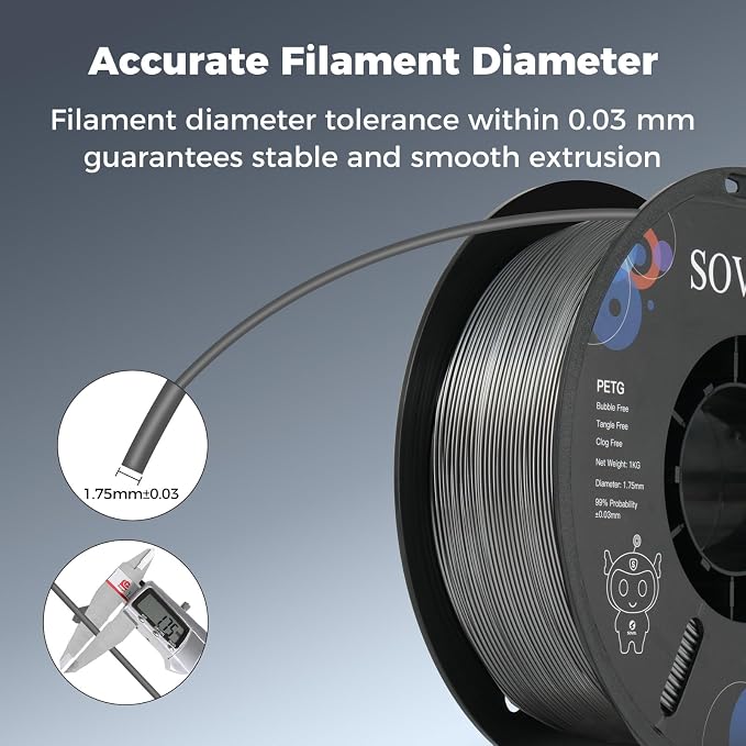 Sovol 3D Printer PETG Filament 1.75mm 1KG (2.2lbs), High Precision, Strong Toughness, Wiring Tightness, Dimensional Accuracy +/- 0.03 mm, 3D Printing PETG Filaments, Silver Gray