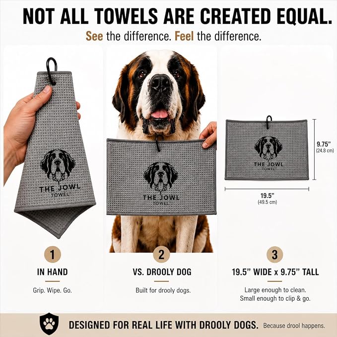 Dog Drool Towel for Large Dogs – Absorbent Microfiber Drool Catcher, Collar & Leash Attachment, Convenient Alternative to Drool Bibs (3 Pack)