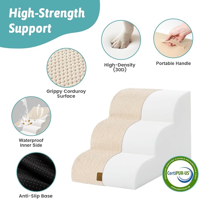 COZY KISS Dog Stairs for Small Dogs, 3 Step Pet Stairs for Beds & Couches | 13" H Curved Non-Slip Foam Dog Steps with Washable Cover for Puppies, Older Cats & Small Dogs, 15.7x19.7x13 in, Beige