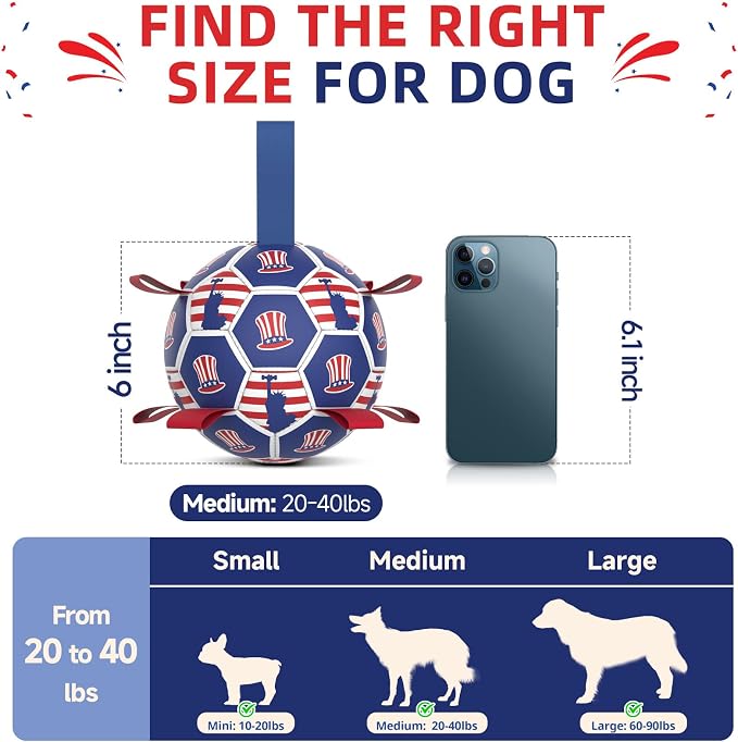 Diman Dog Balls, 6 Inch Dog Soccer Ball with Straps, Independence Day Gift | Outdoor Dog Ball Toys for 20-40 lbs Dogs, Soccer Ball for Dogs with Straps for Tug of War, Pet Birthday Gift