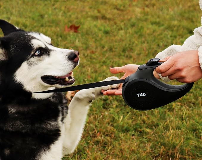 TUG Tiny Retractable Dog Leash, 10 ft (Extra Small, Black/Grey) | 360° Tangle-Free Retraction, 10 ft Tape, Quick Thumb Lock, Anti-Slip Handle, For Pets Under 26 lbs