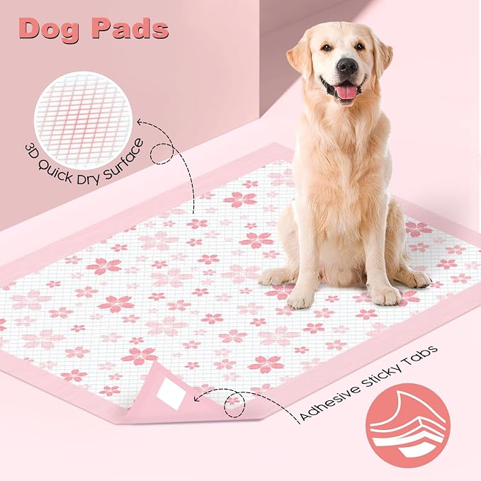 MIZOK Puppy Pads 28x34in Pee Pads for Dogs, Dog Pads Extra Large Absorbent with Adhesive Tabs 6-Layer Leak-Proof Quick-Dry Design Odor Control, Cherry Blossom Prints ＆ Charcoal (80 Counts)