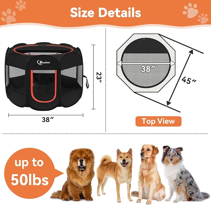 Siedihit Dog Playpen, Large Puppy Pet Playpen, Dog Crate Tent Cage Indoor/Outdoor, Portable Pop Up Dogs Kennel Playpen with Carrying Case for Dogs/Cats/Rabbitss, Black
