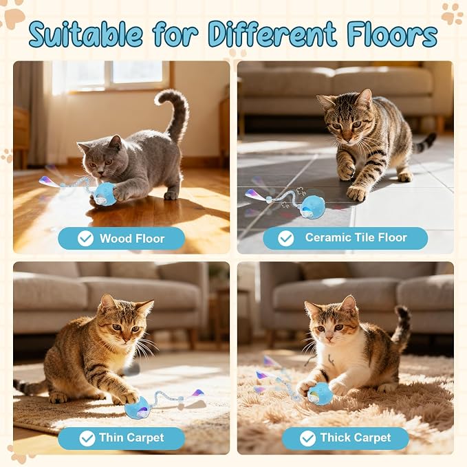 Interactive Automatic Cat Toy Ball-USB Rechargeable，Motion Activated Toy | Interactive Mode, 2 Speeds Mode, 2 Tails, Long Battery Life, Chirping, for Indoor Cats, Kitten, Works on Floor Tile Carpets
