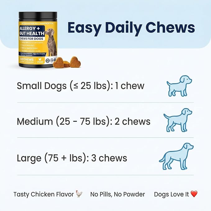 Dog Allergy Chews for Dogs, Itchy Skin & Paw Licking Support, Probiotics for Dogs, Immune & Gut Health, Seasonal Allergy Support, Skin & Coat Health, Chicken Flavor Soft Chews, 200 Ct