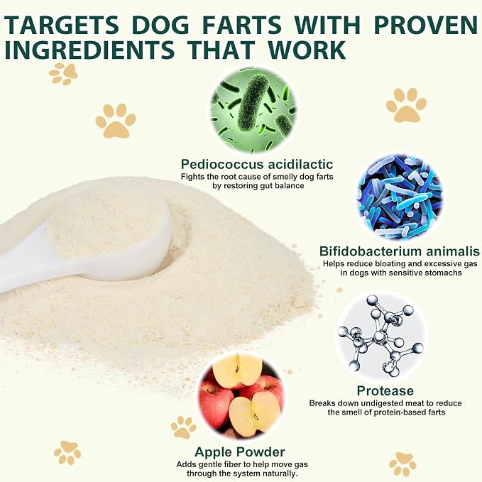 Dog Fart Remedy with 4B CFU Pediococcus Acidilactici Probiotics & Digestive Enzymes, Helps Reduce Smelly Gas & Bloating, Supports Dog Gut Health & Digestive Balance, Powder for Dogs – 5 oz