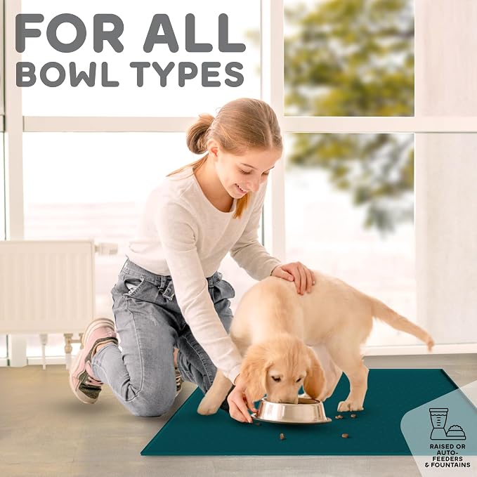Dog Food Mat - 28x18 Raised Edges Dogs Mat for Food and Water Prevent Spill, Waterproof Cat Food Mats Protect Floors, Easy Clean Dog Bowl Mats for Food and Water, Silicone Pet Feeding Placemats