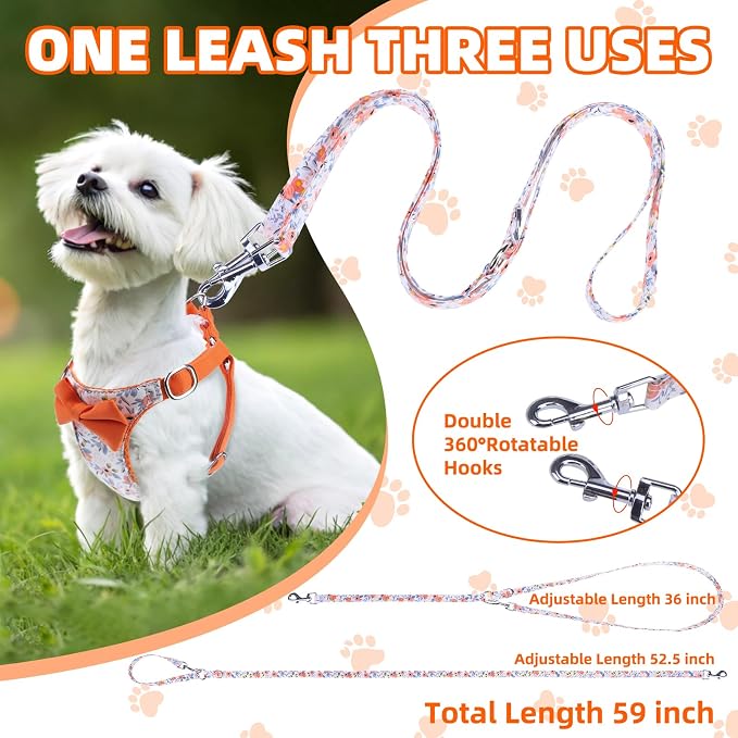 PUPTECK Dog Harness and Leash Set Small Sized, Lightweight Step-in Puppy Harness, Escape Proof No Pull Cute Pet Vest Harnesses, Flower Orange M