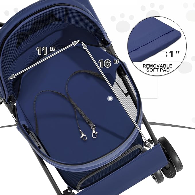 MoNiBloom 4-Wheel Foldable Pet Stroller - Navy Blue, up to 22lbs