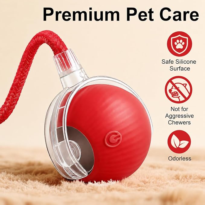 2-Pack Smart Interactive Automatic Electric Rolling Moving Rechargeable Motion Activated Self Play Stimulation Chase Teaser Ball Toy with Rope for Indoor Bored Adult Cat and Dog, Red+Red