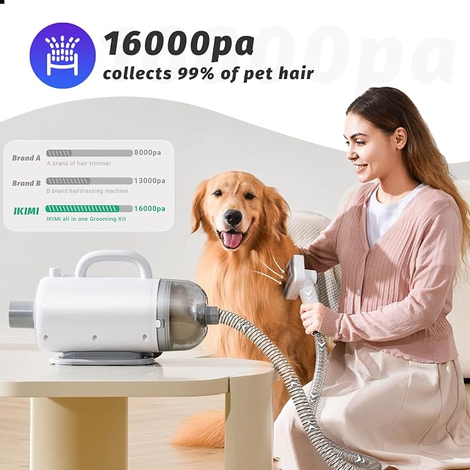Dog Grooming Vacuum & Blow Dryer : 16000Pa Hair Suction, Dog Clipper, High Velocity Dog Blower with Heater, 8 Pet Grooming Vacuum kit, Gray