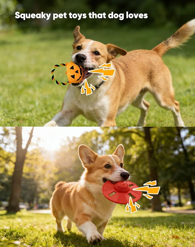 Deeow Squeaky Natural Rubber Dog Flying Disc/Frisbee with Orange Ball Gift | Water-float Natural Rubber Dog Frisbee for Outdoor, Spaceship Shaped 6.5'' Squeaky Interactive Fetch Toy for Anxiety Relief