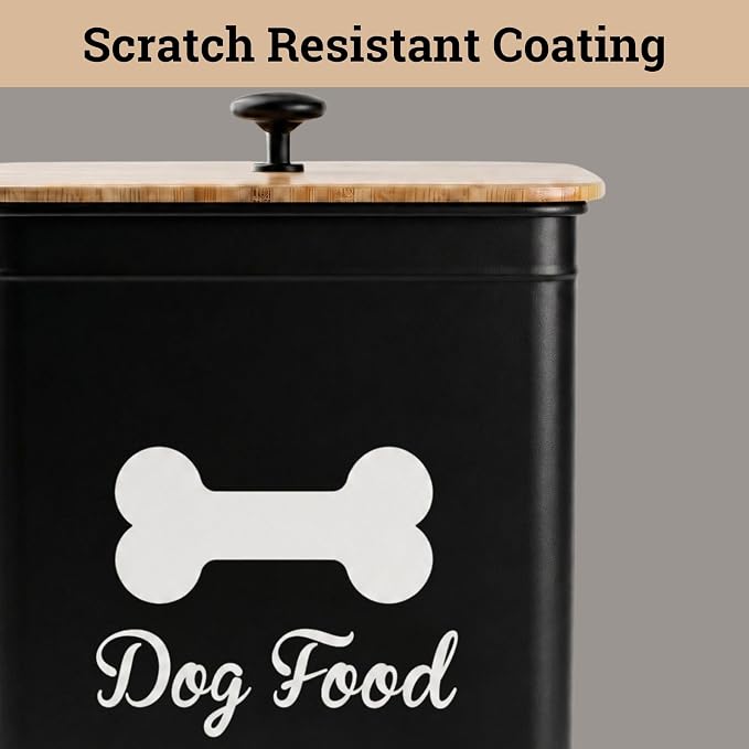 Metal Dog Food Container 5-7lb, 7lb, Iron + Bamboo Lid, Black: Bone