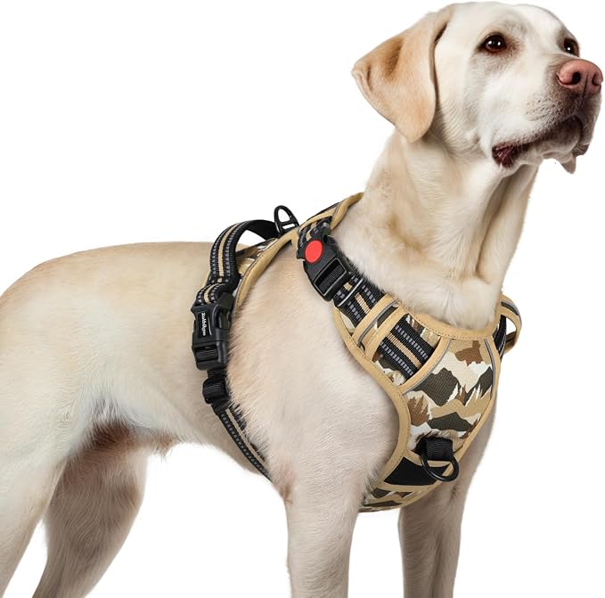 rabbitgoo Dog Harness for Large, Updated Easy On & Off with 3 Buckles | No Pull No Choke, Walking with 2 Clips and Handle, Adjustable Soft Reflective, Desert Ridge, Large