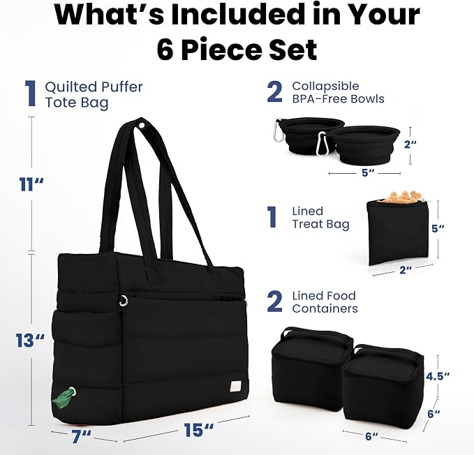 rubyloo Puffer Dog Travel Bag with Bowls & Food Storage, Black