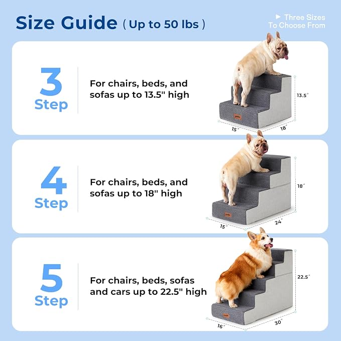 ZOMISIA Dog Steps for Couch - Pet Stairs for Small Dogs and Cats, Dog Steps with Non-Slip Bottom Grey 3 Steps, Grey