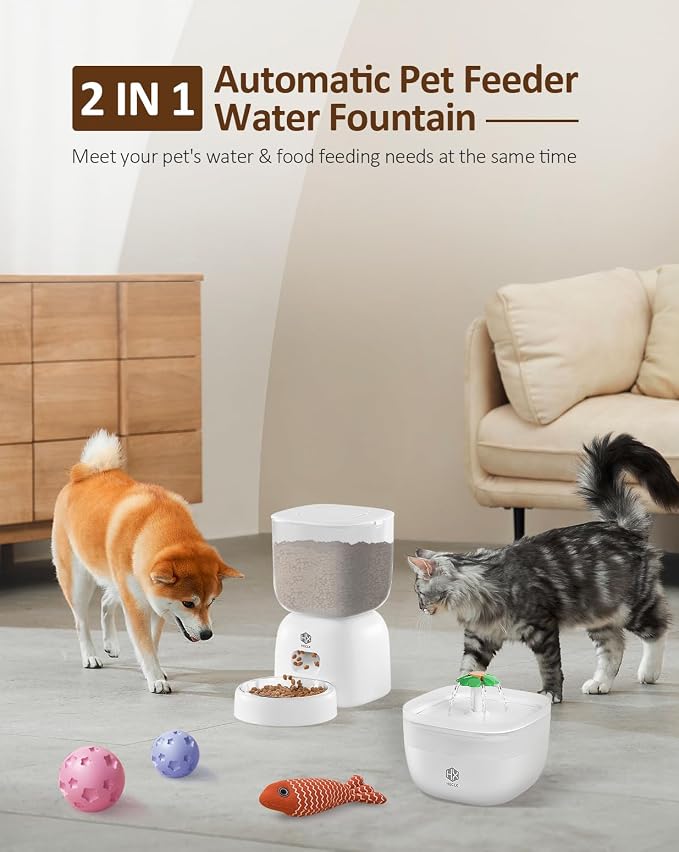 HX HECLX Automatic Cat Feeder with 3L Dry Cat Food Dispenser and 2L Water Fountain, Timed Dog Feeder with Portion Control and Daily Meals, Wire/Battery Automatic Feeders, White