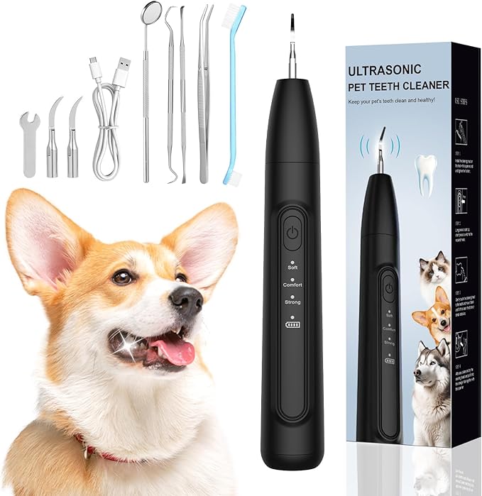 Ultrasonic Dog Plaque Remover Tool, 3 Modes Plaque and Tartar Remover for Dogs, Low Noise Sonic Dog Tartar Remover Dogs Plaque Remover with Toothbrush 2 Cleaning Head for Pet Dental Care, Black