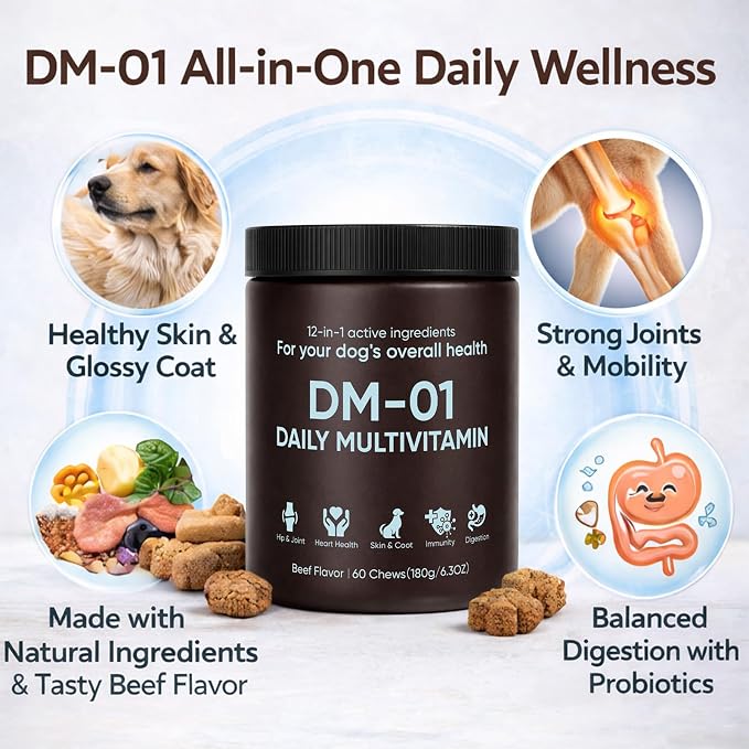 DM-01 Daily Multivitamin for Dogs, Dog Daily Multivitamin for Skin & Coat Health, Joint Support, Digestive Health, with Salmon Oil, Chondroitin, and Natural Vitamins, Beef Flavor, 60 Chews (1)