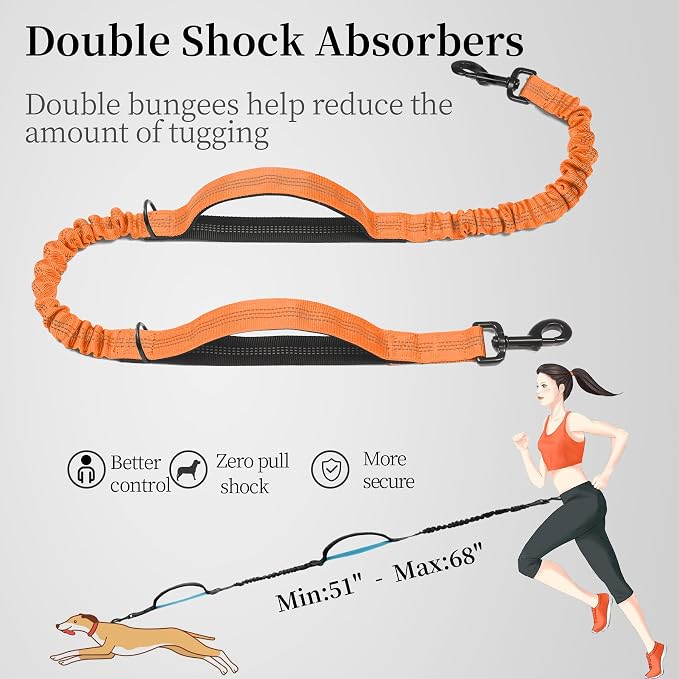 iYoShop Hands Free Dog Leash with Zipper Pouch, Large, 25-120 LBS, Orange | Waist Leash, Dual Padded Handles, Shock-Absorbing Bungee, Adjustable Waist Belt, Walking and Running