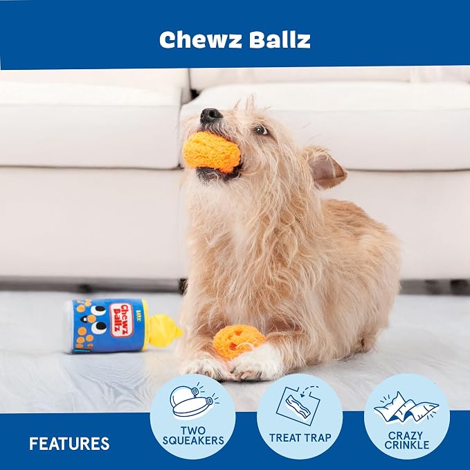 BarkBox Chewz Ballz Dog Toy - 3-in-1 - for Medium to Large Dogs | Plush Set with 2 Squeakers, Crinkle & Treat-Hiding Can