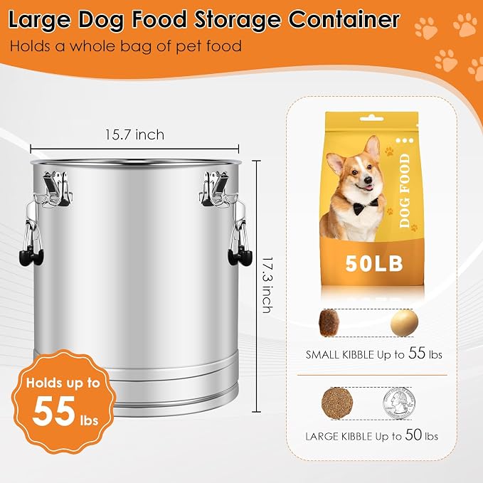 Stainless Steel Dog Food Storage Container, Chicken, 50LB, Stainless Steel, stainless steel