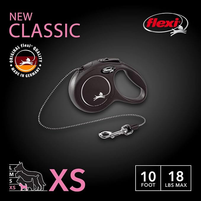 FLEXI® Classic XS Cord Retractable Dog Leash, 3-Finger Grip, 10 ft - Black | German engineered, Pocket-Size original flexi leash, durable quality for dogs up to 18 lbs, tangle-free,reliable brake system