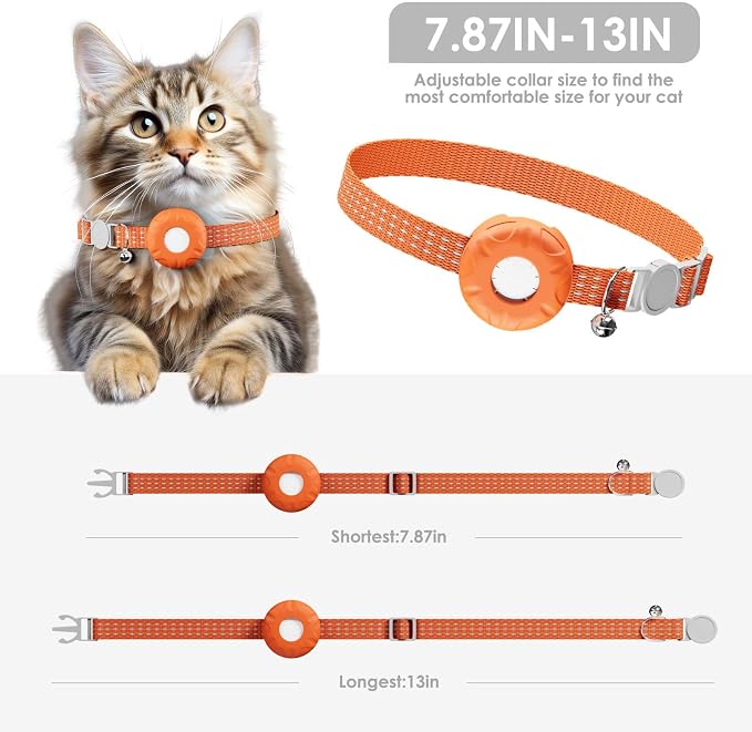 Smart Cat GPS Tracker, Cat Tracker Compatible with Apple Find My App (Only iOS), No Monthly Fee, Waterproof (White Tracker, Orange Cat Collar)